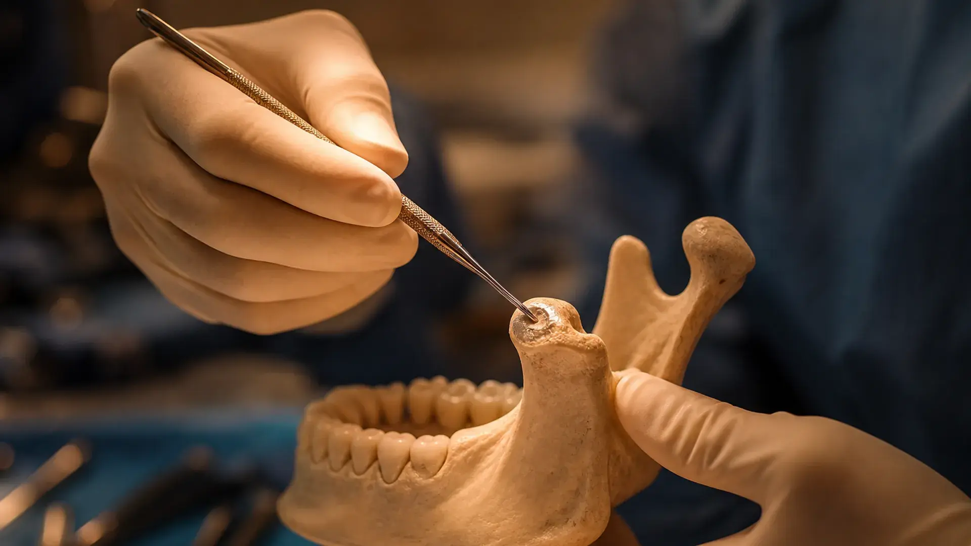 Manos de cirujano trabajando sobre modelo mandibular