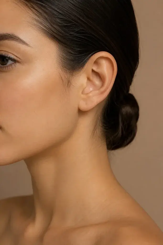 Close-up editorial de oreja con contorno natural tras otoplastia en Bogotá