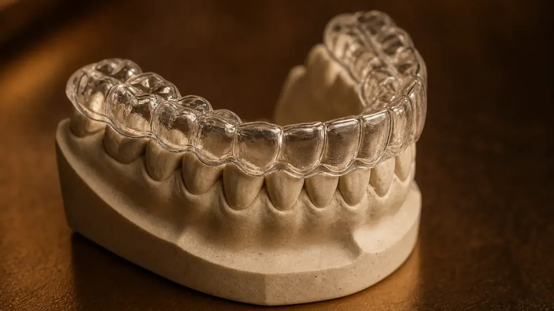 Férula oclusal transparente sobre modelo dental