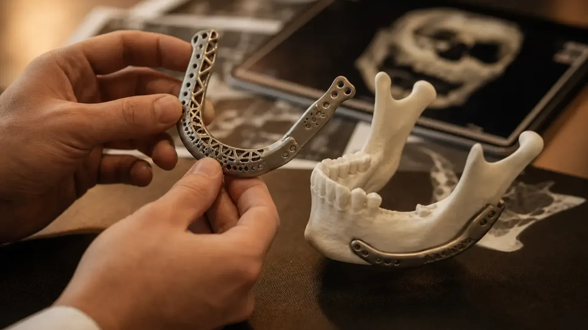 Placa de titanio personalizada junto a mandíbula 3D — reconstrucción