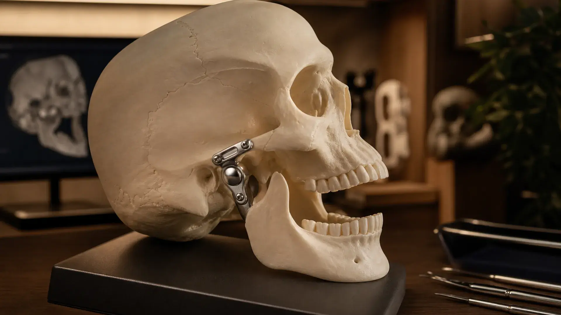 Modelo craneal con prótesis de articulación temporomandibular
