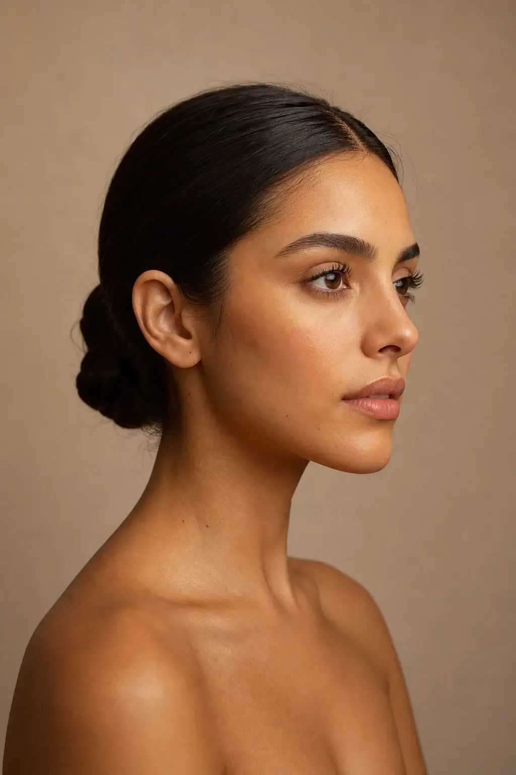 Retrato editorial de perfil nasal armonioso — rinoplastia en Bogotá