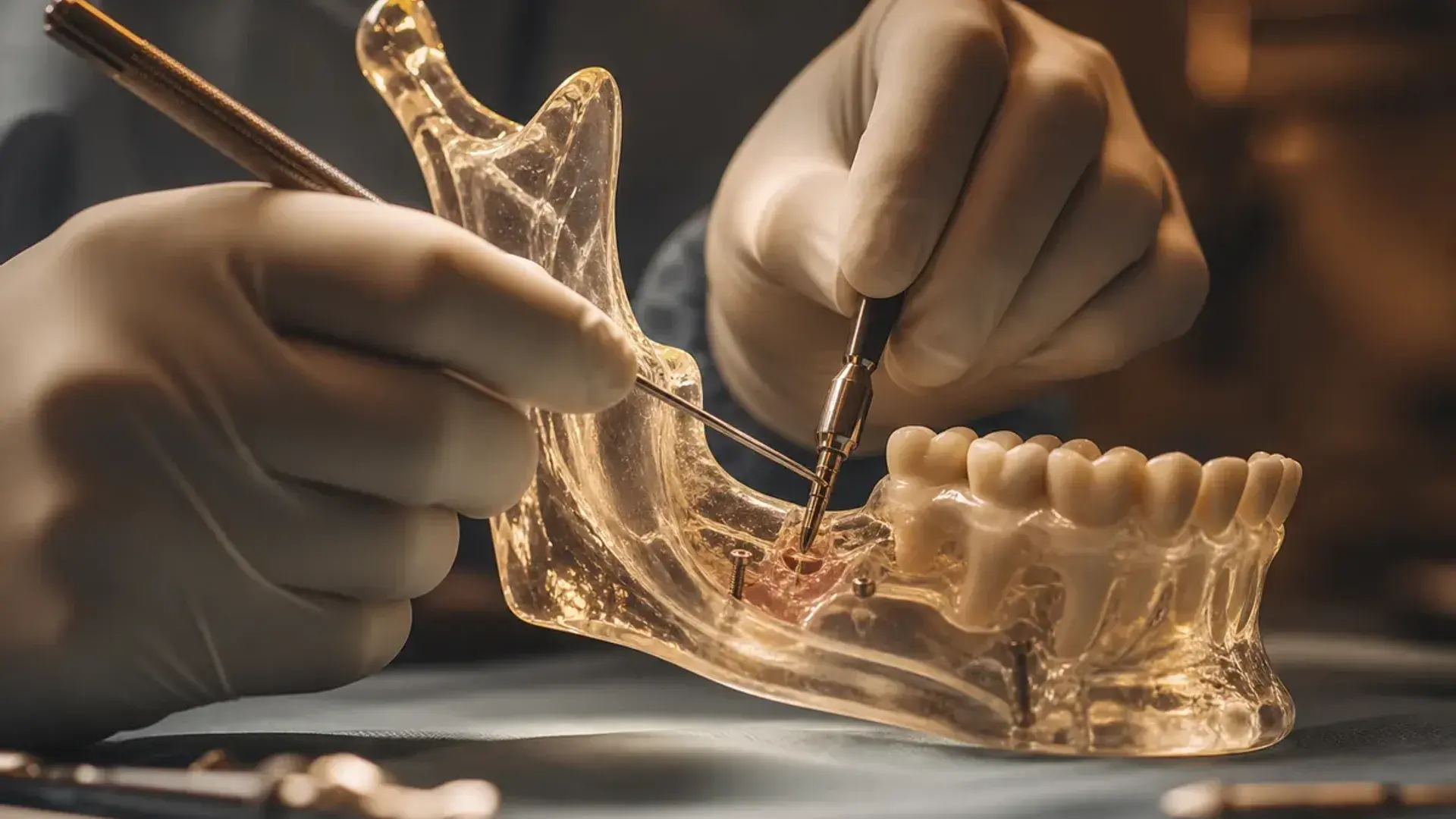 Acceso óseo controlado sobre modelo mandibular — ventanas quirúrgicas