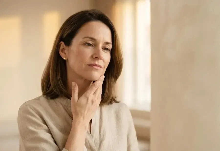 Mujer con molestia facial llevando la mano a la mejilla