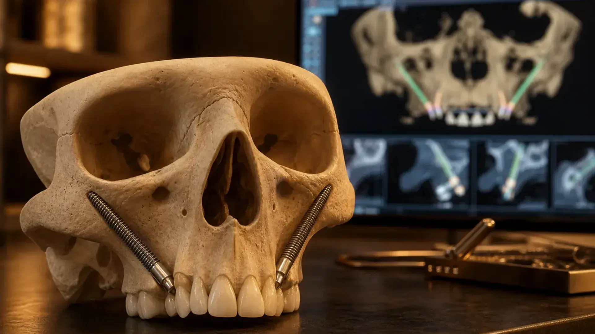 Modelo craneal con implantes cigomáticos y planificación 3D